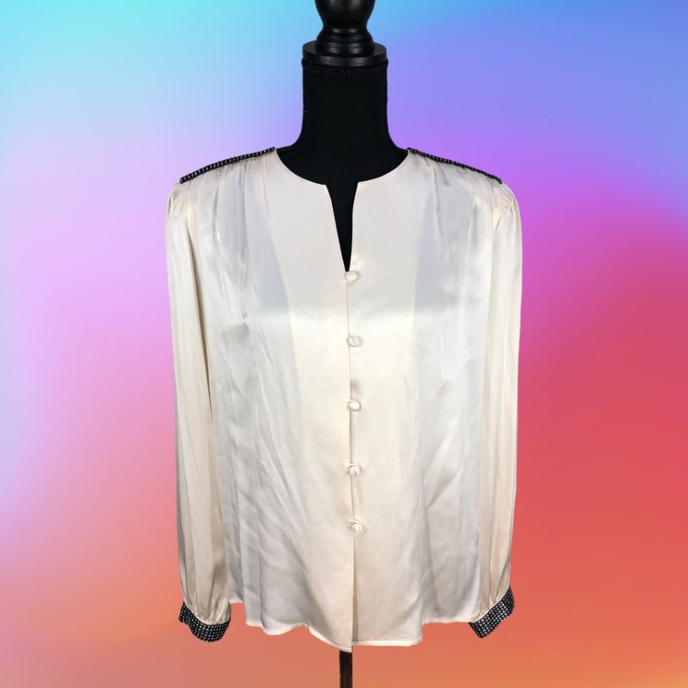 VTG The Silk Farm Ivory/Blk Embellished Blouse Sz6